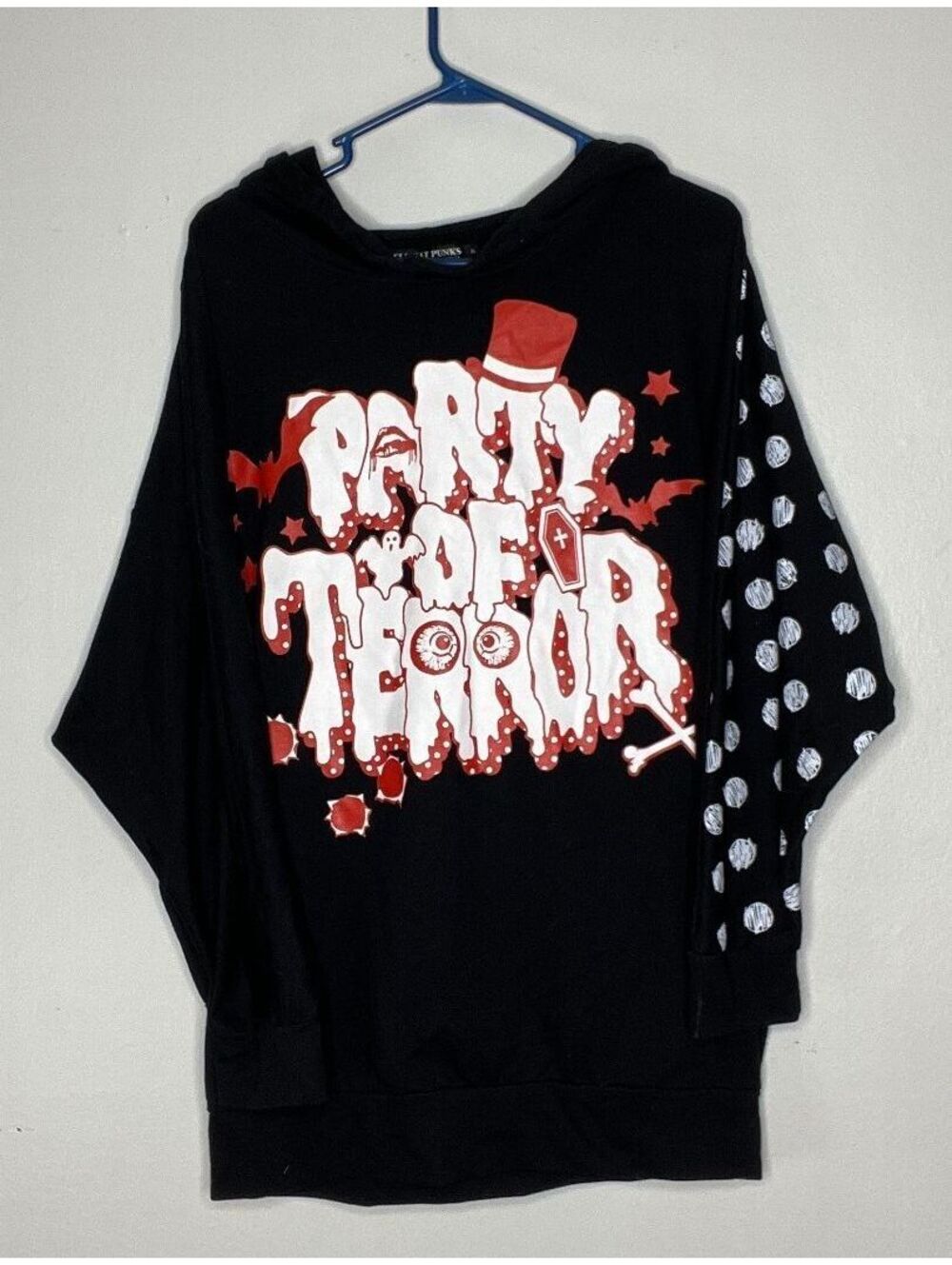 Hell Cat Punks Black Party of Terror Graphic Hoodie with Polka Dot Sleeve